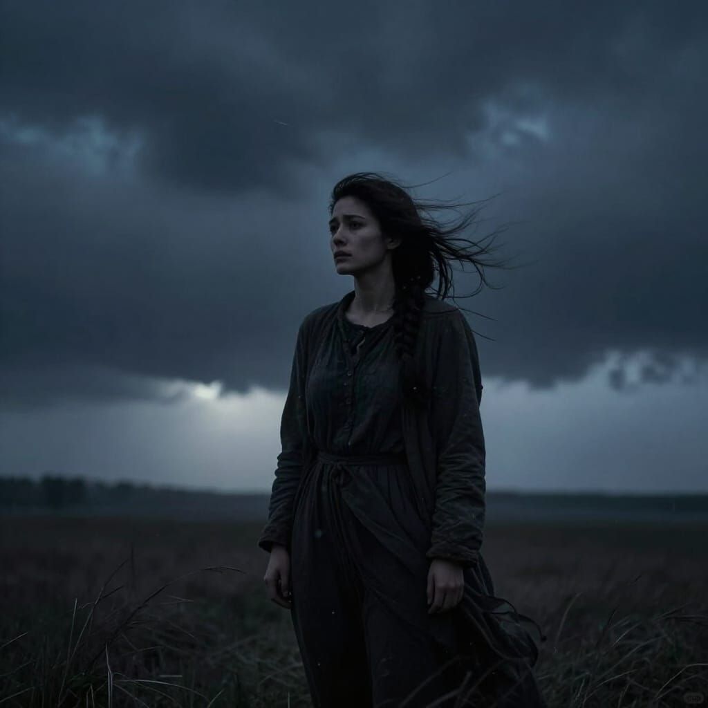 Lone Woman in Stormy Night Sky, Romanticism Style