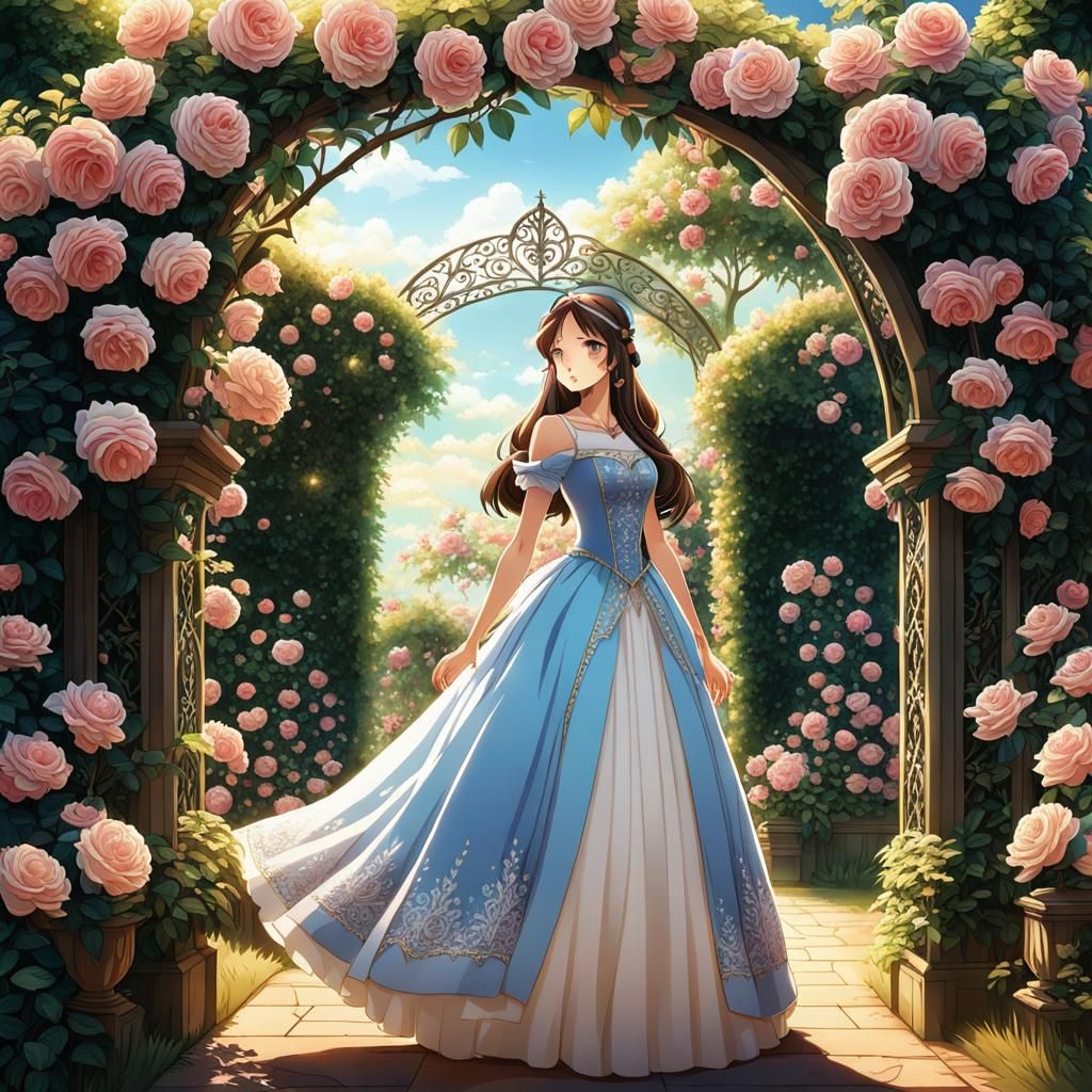 Anime Princess in Rose Arbor Shadows