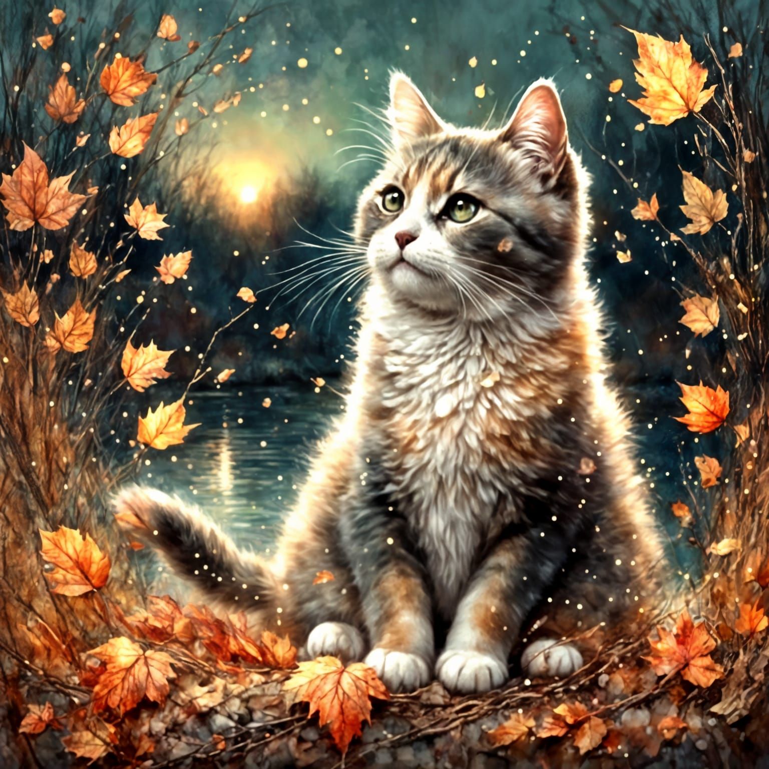 Pearl Cat by River in Autumnal Pastel Illustration