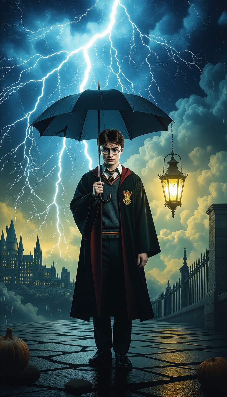 Harry Potter in a Surreal Storm, Hyperrealistic Style