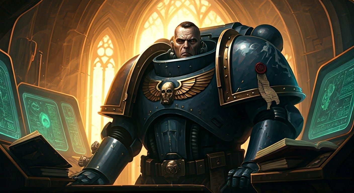 Space Marine Apothecary Portrait with Gothic Console