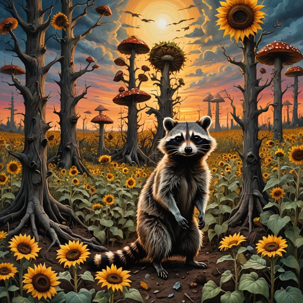 Raccoon in Sunflower Field with Psychedelic Mushrooms
