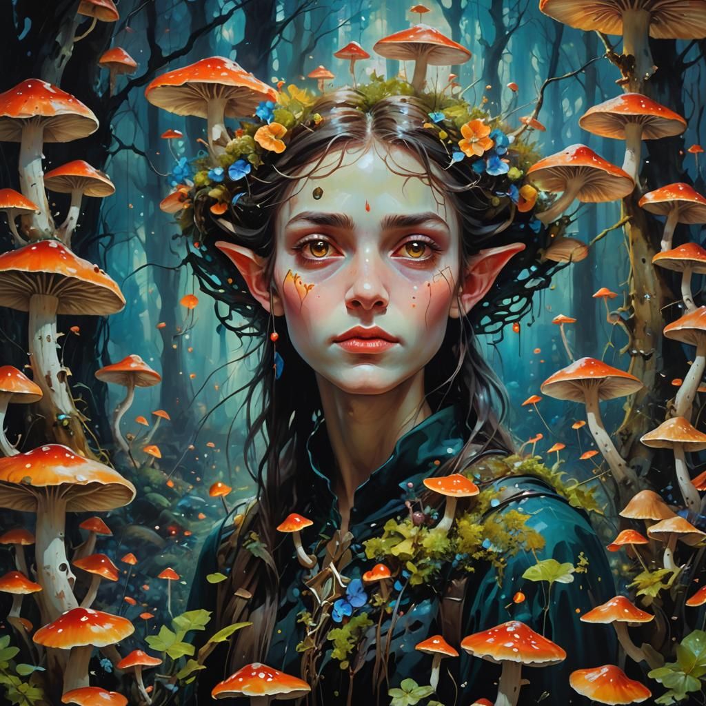 Elf Angel and Mushrooms: Surrealist Oil Painting