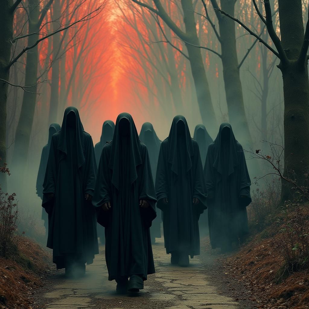 Eerie Procession: Hooded Figures in a Gothic Dreamscape