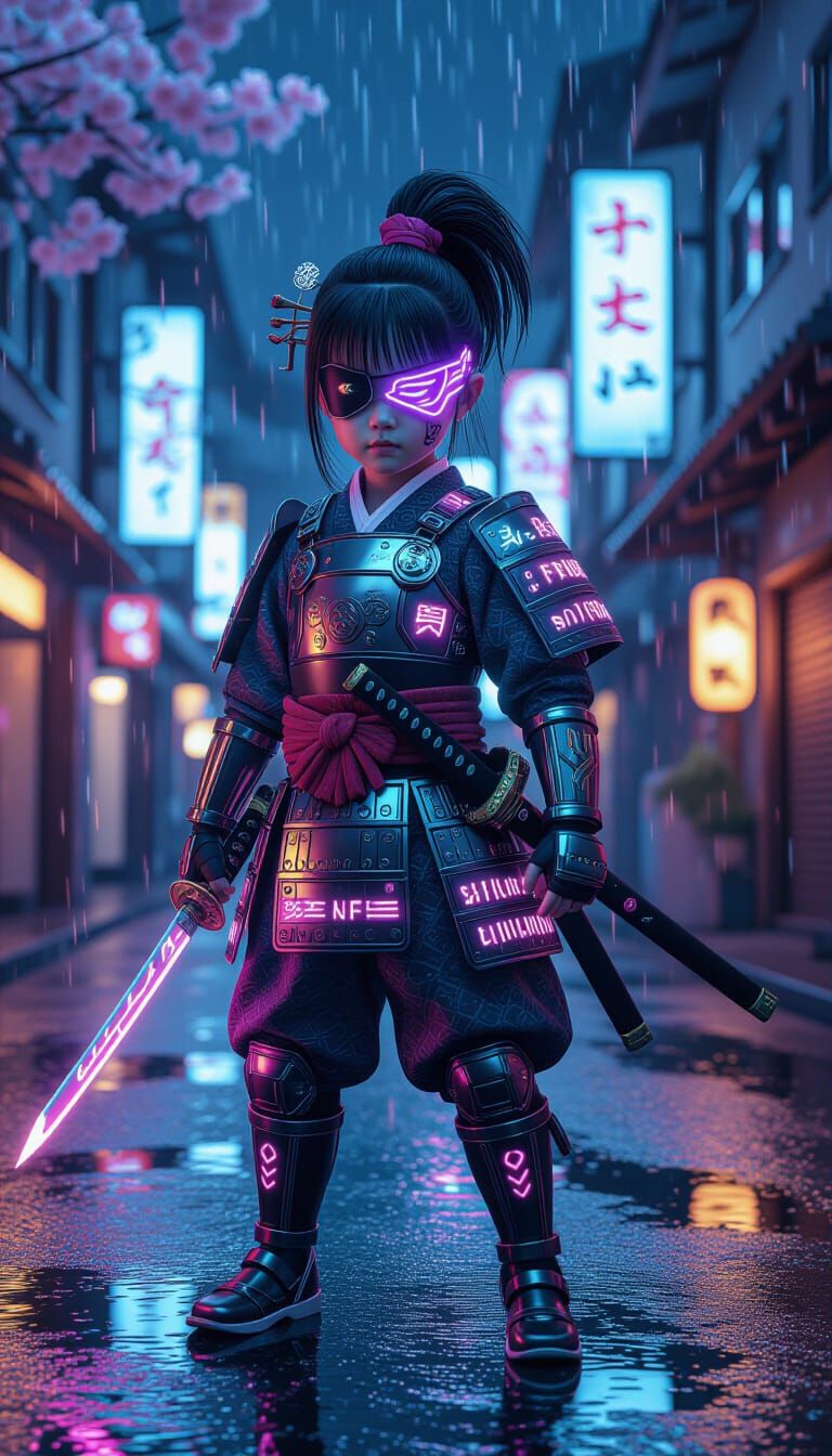 Cyber Samurai Girl in Neon Tokyo, 3D Render
