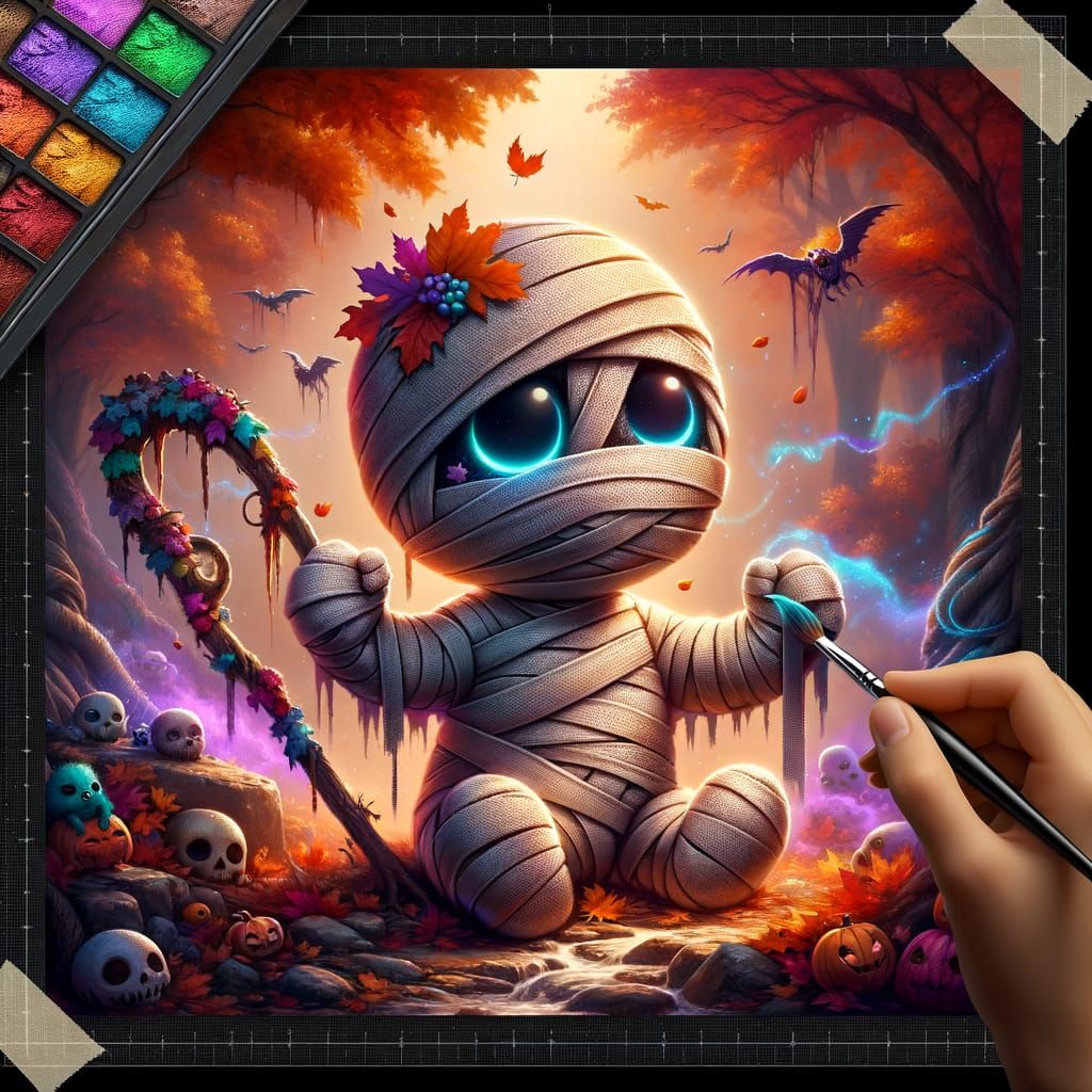 Cute Halloween Mummy Baby in Autumn Mystical Aura