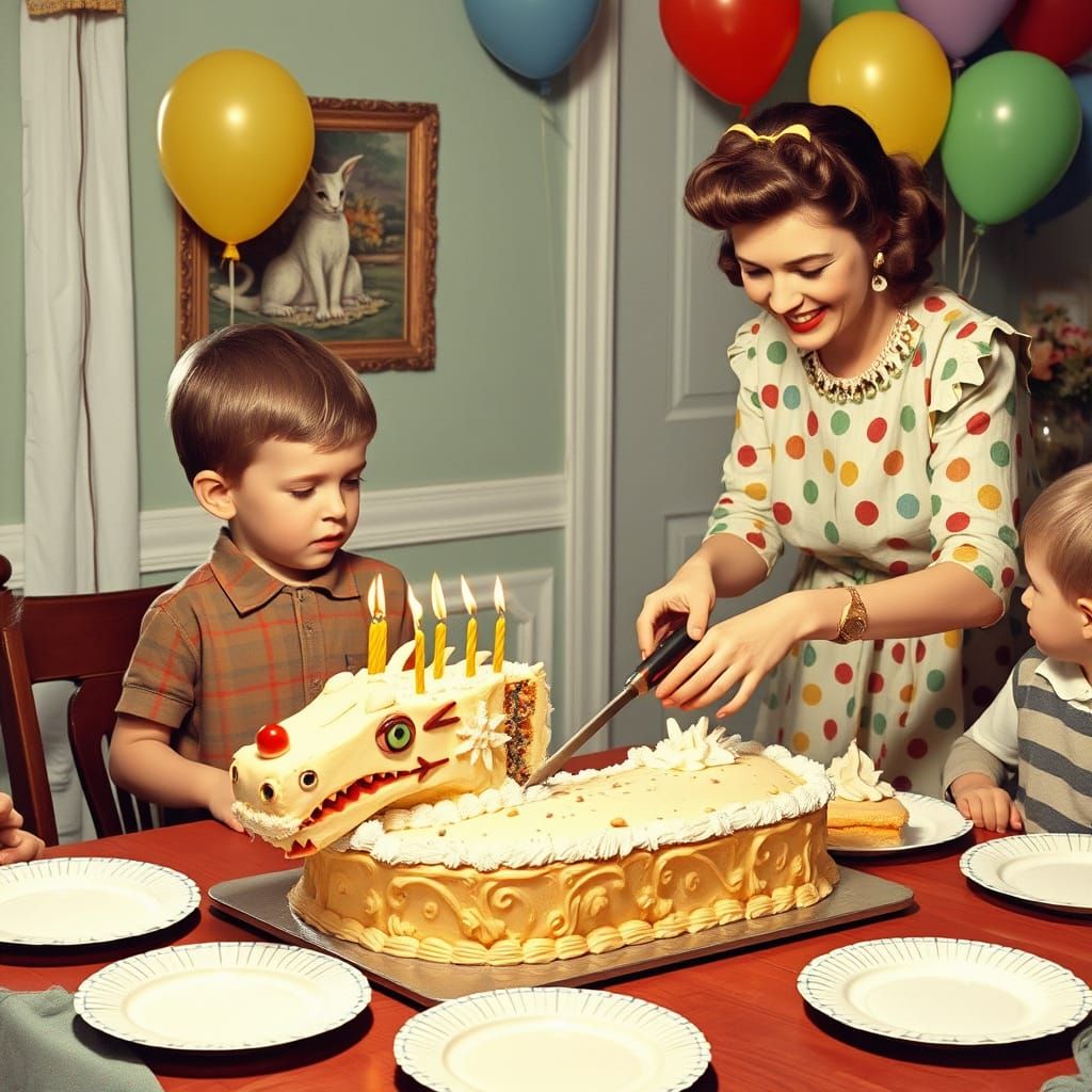 Vintage Birthday Party with Dragon Cake in Mid-Century Style