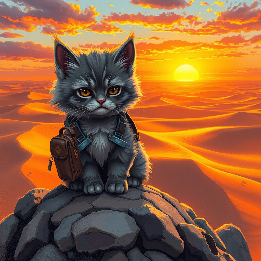 Grumpy Kitten in Desert Sunset, Anime-Inspired Digital Art