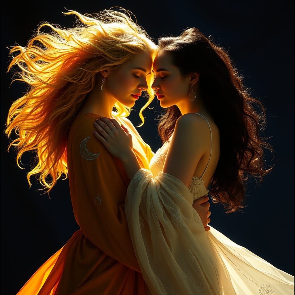 Ethereal Goddesses in a Golden, Lunar Embrace