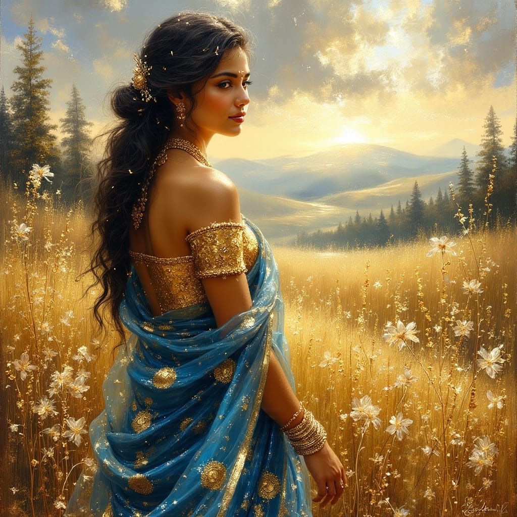 Indian Woman in Blue Sari, Impressionist Oil Painting