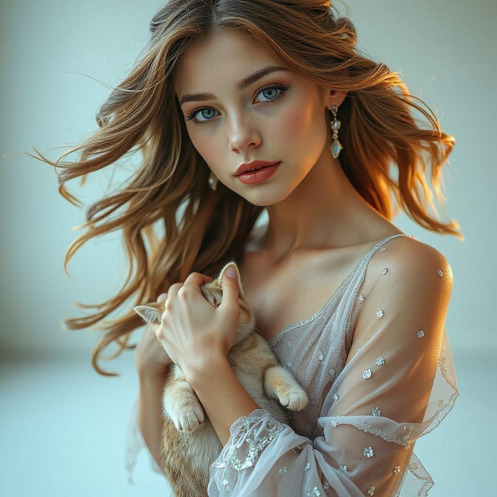 Ethereal Woman with Cat in Hyperrealistic Digital Art