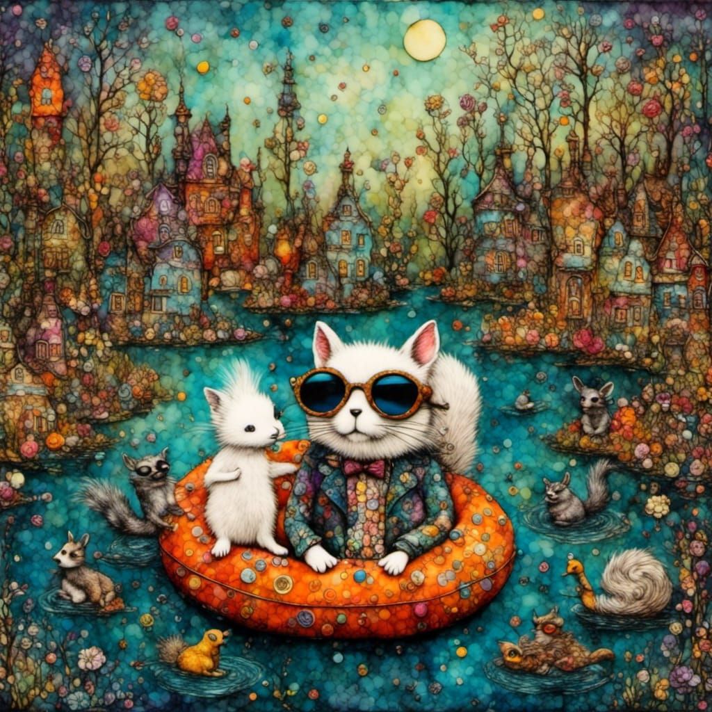 Whimsical River Adventure: Cat and Squirrel Collage