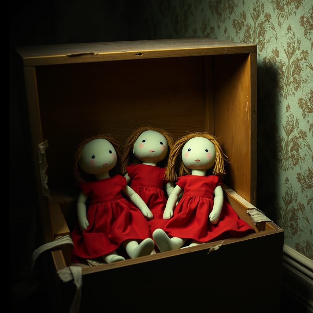 Macabre Rag Dolls in a Dark, Tattered Room
