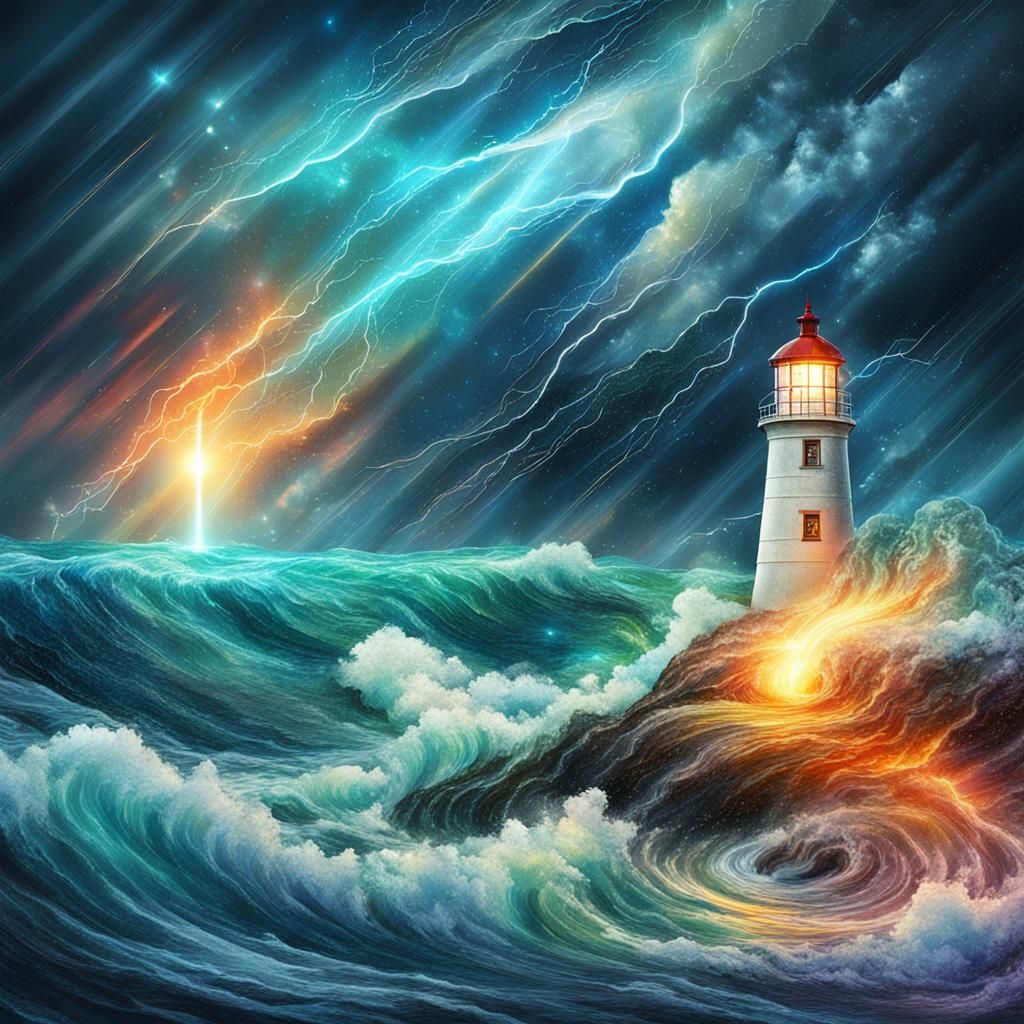 Lighthouse in Astral Storm: A Cosmic Illustration