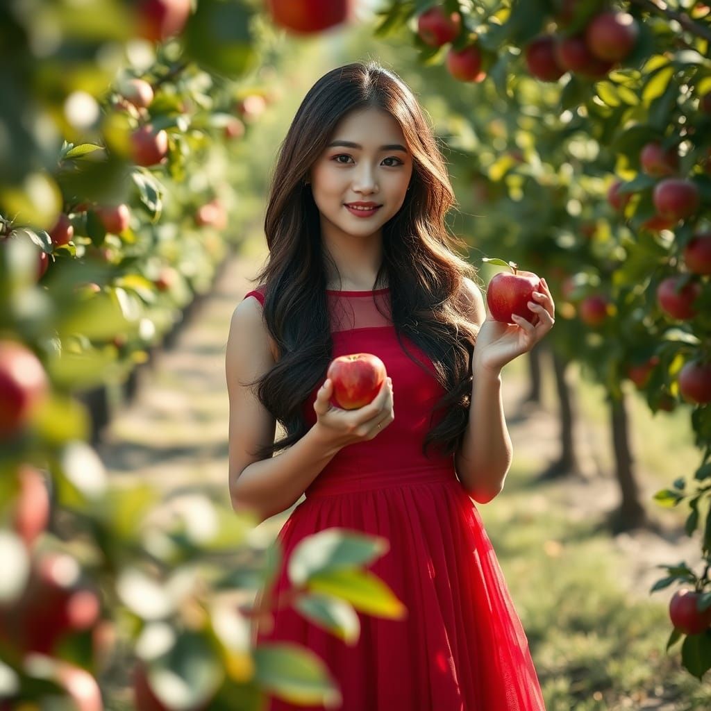 Korean Girl in Red Dress in Apple Orchard