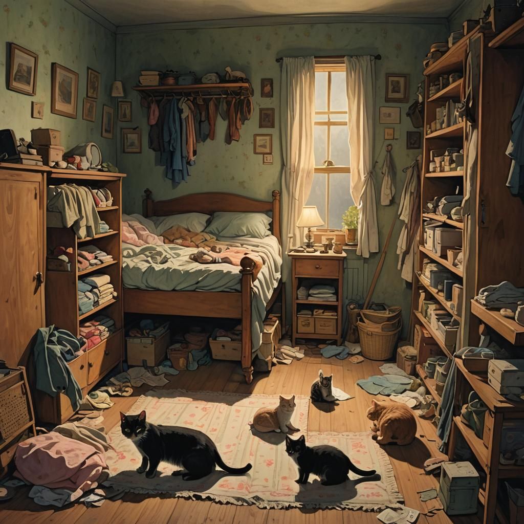 Girl, Cat, and Kittens in Cozy Bedroom