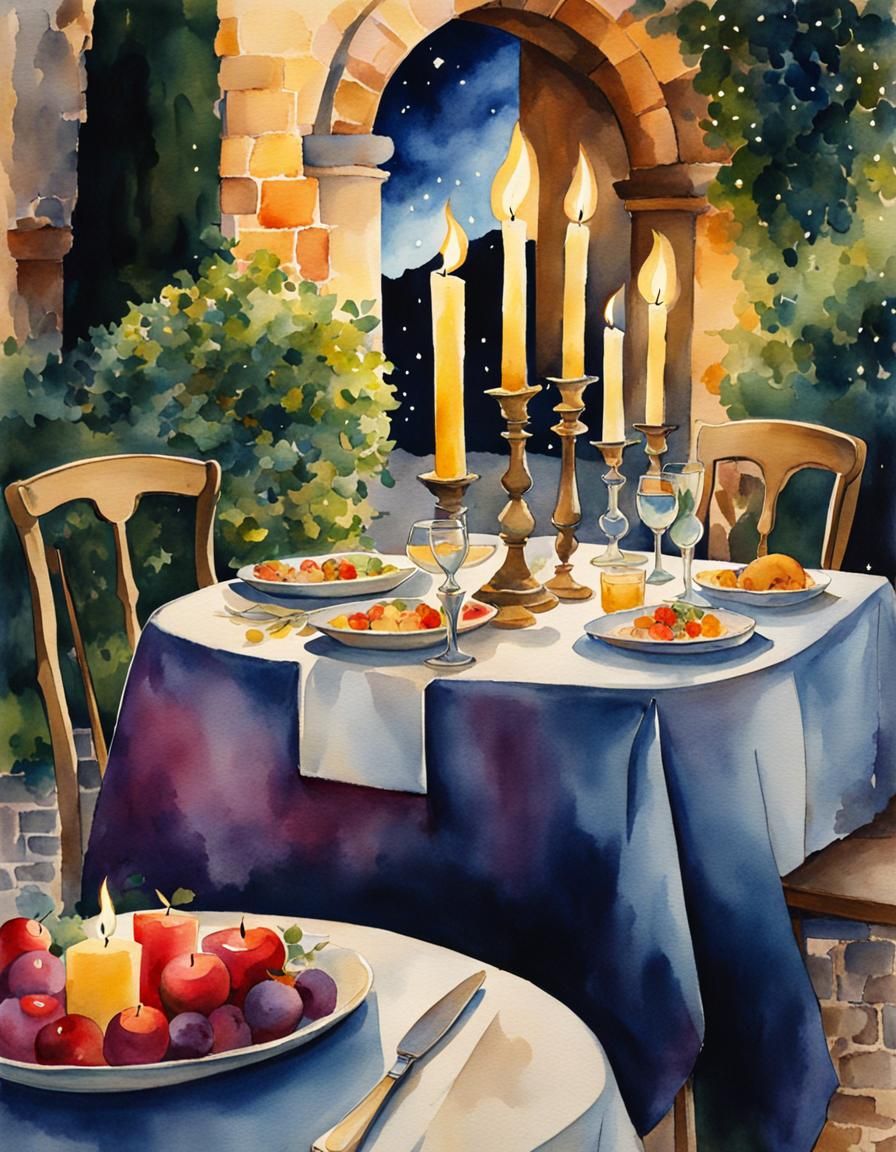 Romantic Candlelight Dinner in Provence: Watercolour Illustr...