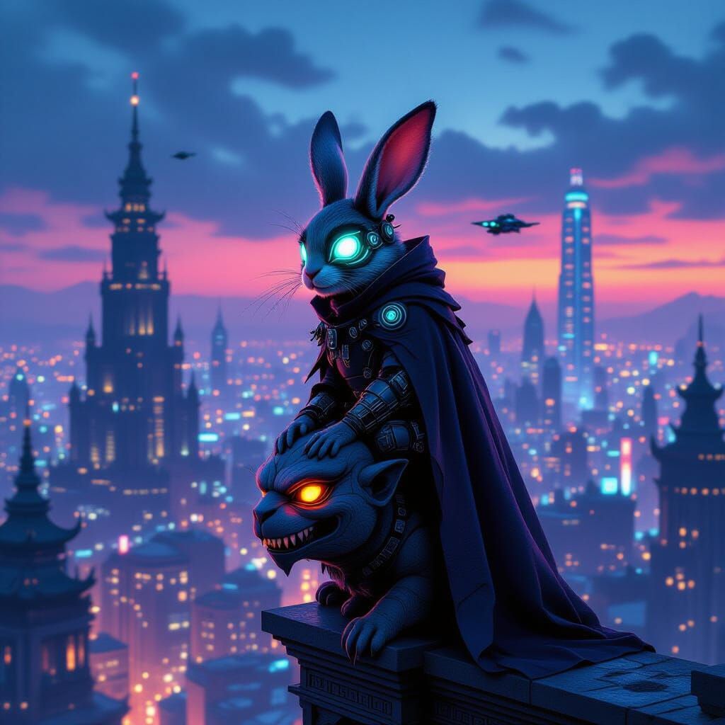 Cyberpunk Rabbit-Monkey Hybrid on Gargoyle Over Neon City