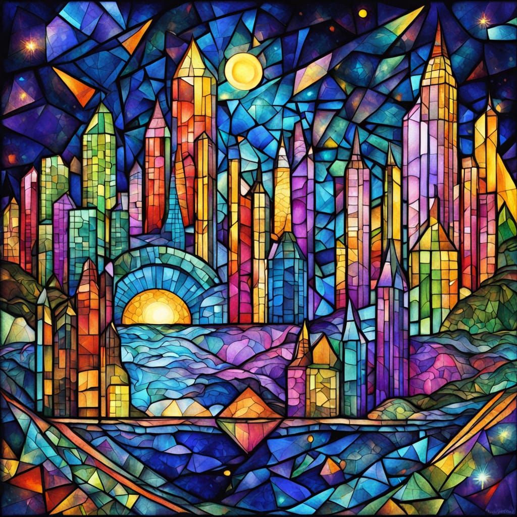 Vibrant Sea Glass Cityscape with Prismatic Reflections