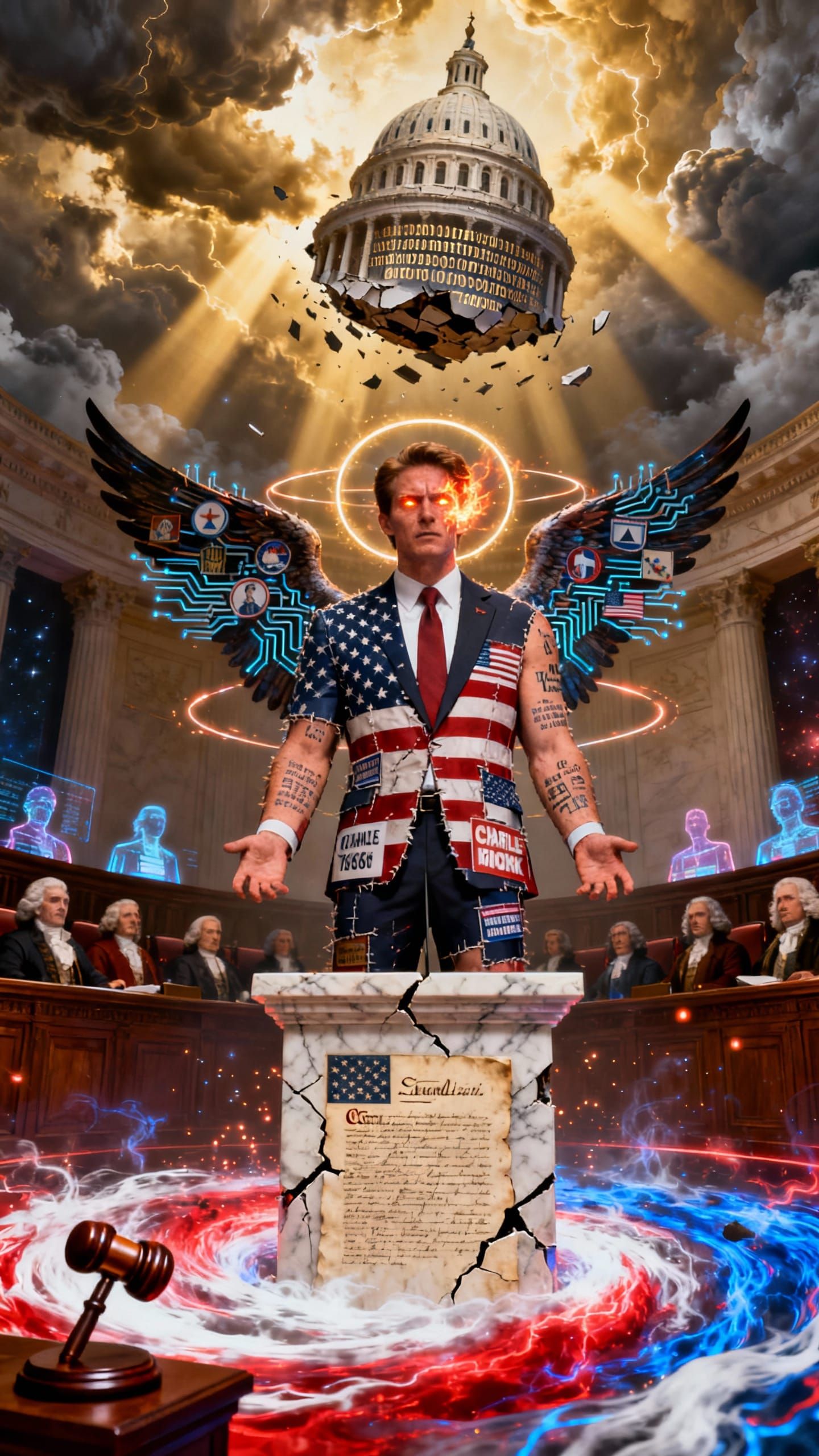 Charlie Kirk in Cosmic Courtroom, Digital Fire Eyes