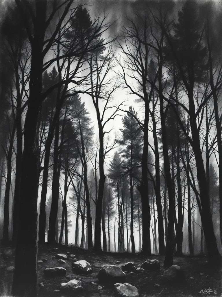 Dramatic Shadowy Forest Charcoal Drawing