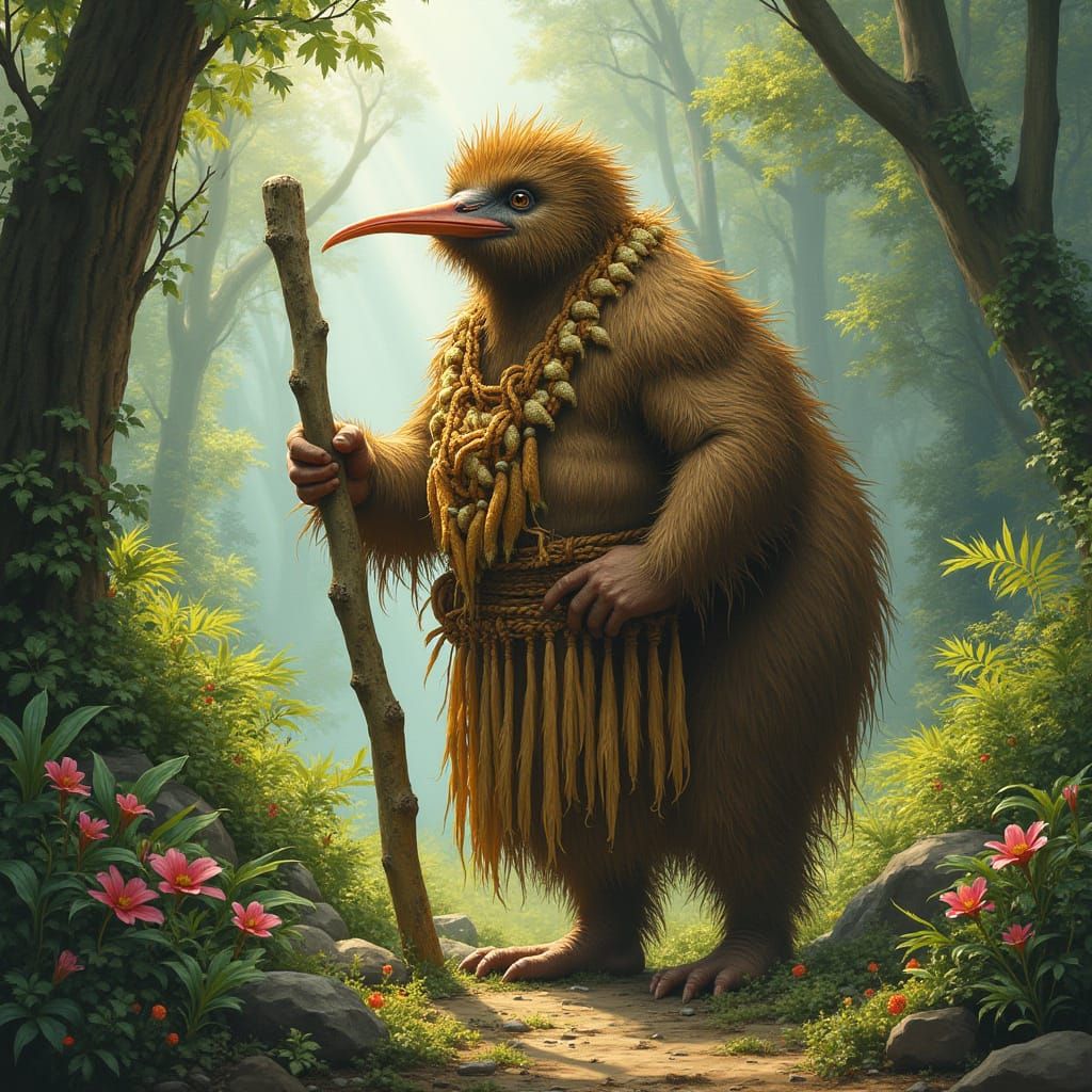 Kiwi God in New Zealand Forest, Fantasy Realism
