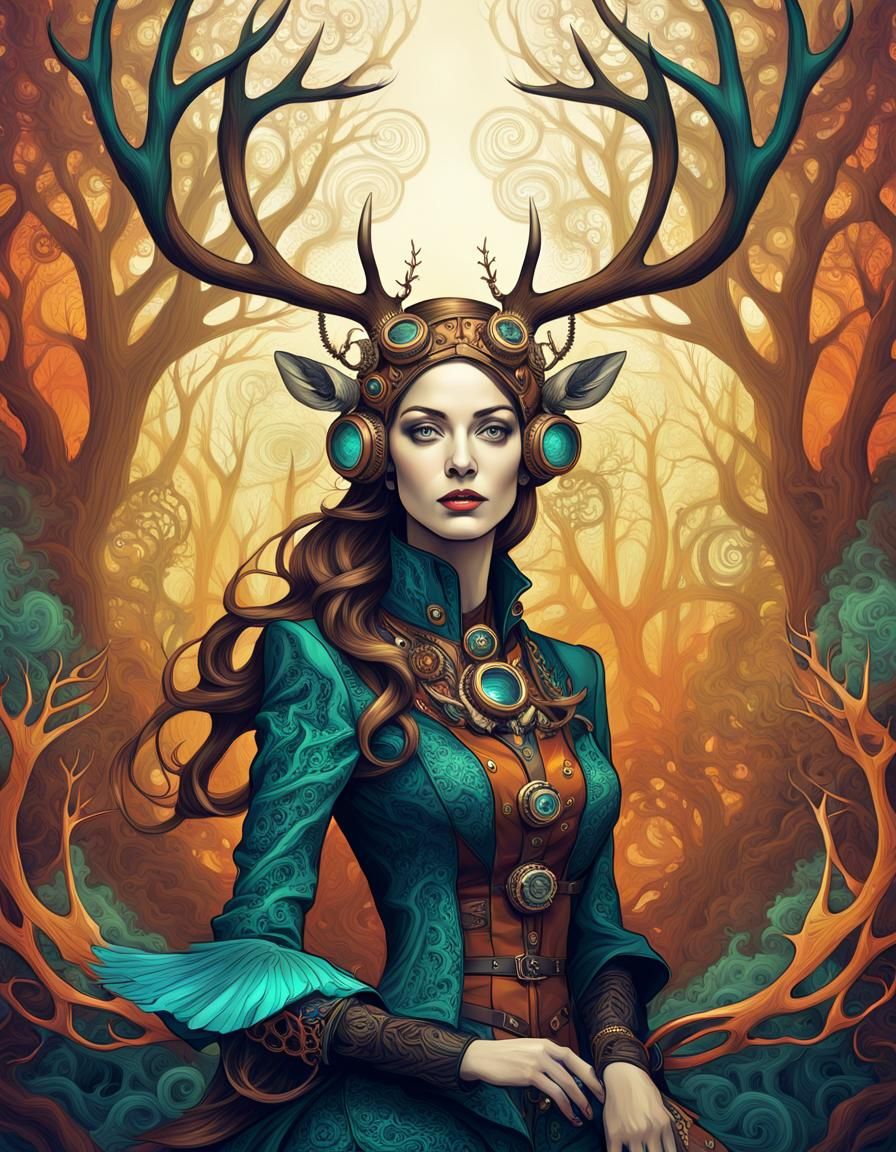 Steampunk Woman with Antlers in Forest