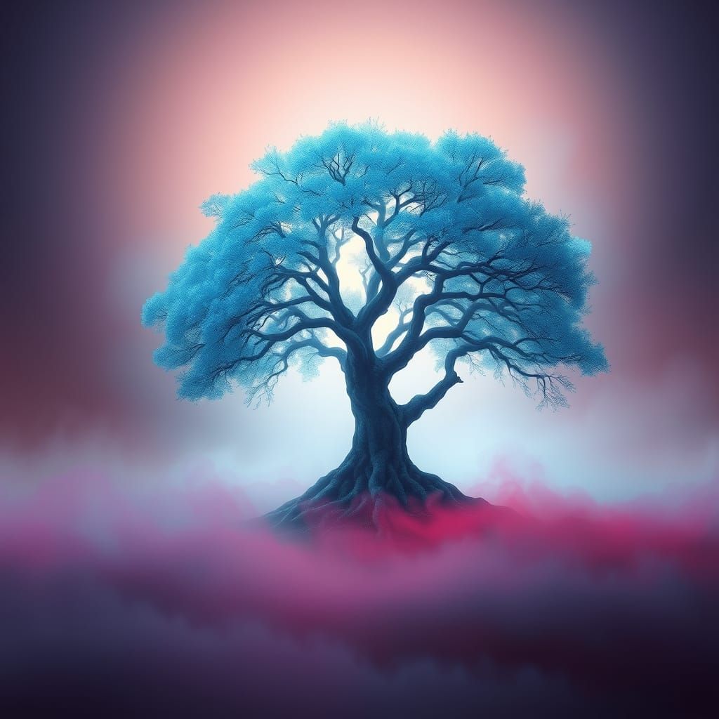 Mystical Blue Tree in Surreal Landscape