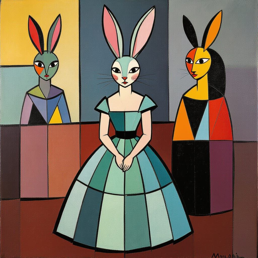 Alien Rabbit in Glass Dress Inspired by Modigliani and Miro