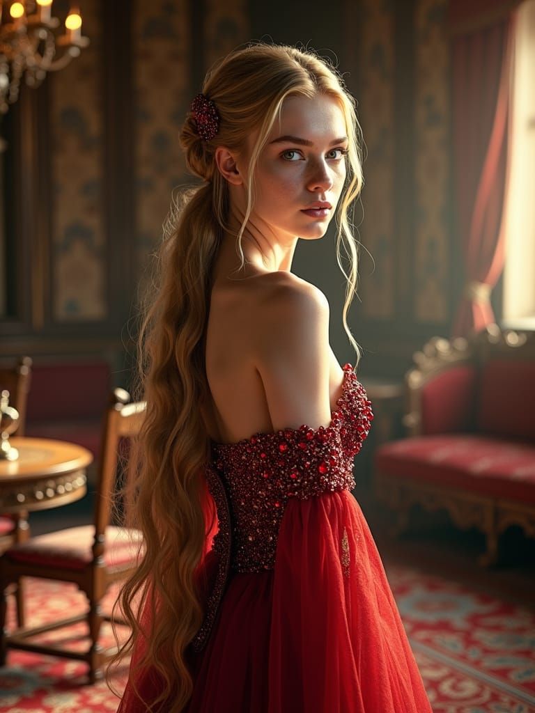 Medieval Lady in Crimson Gown, Game of Thrones Style