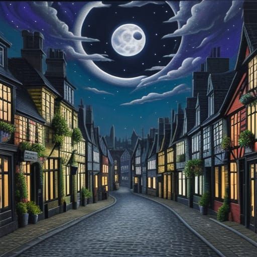 Cobblestone Street at Midnight: Acrylic Oil Painting