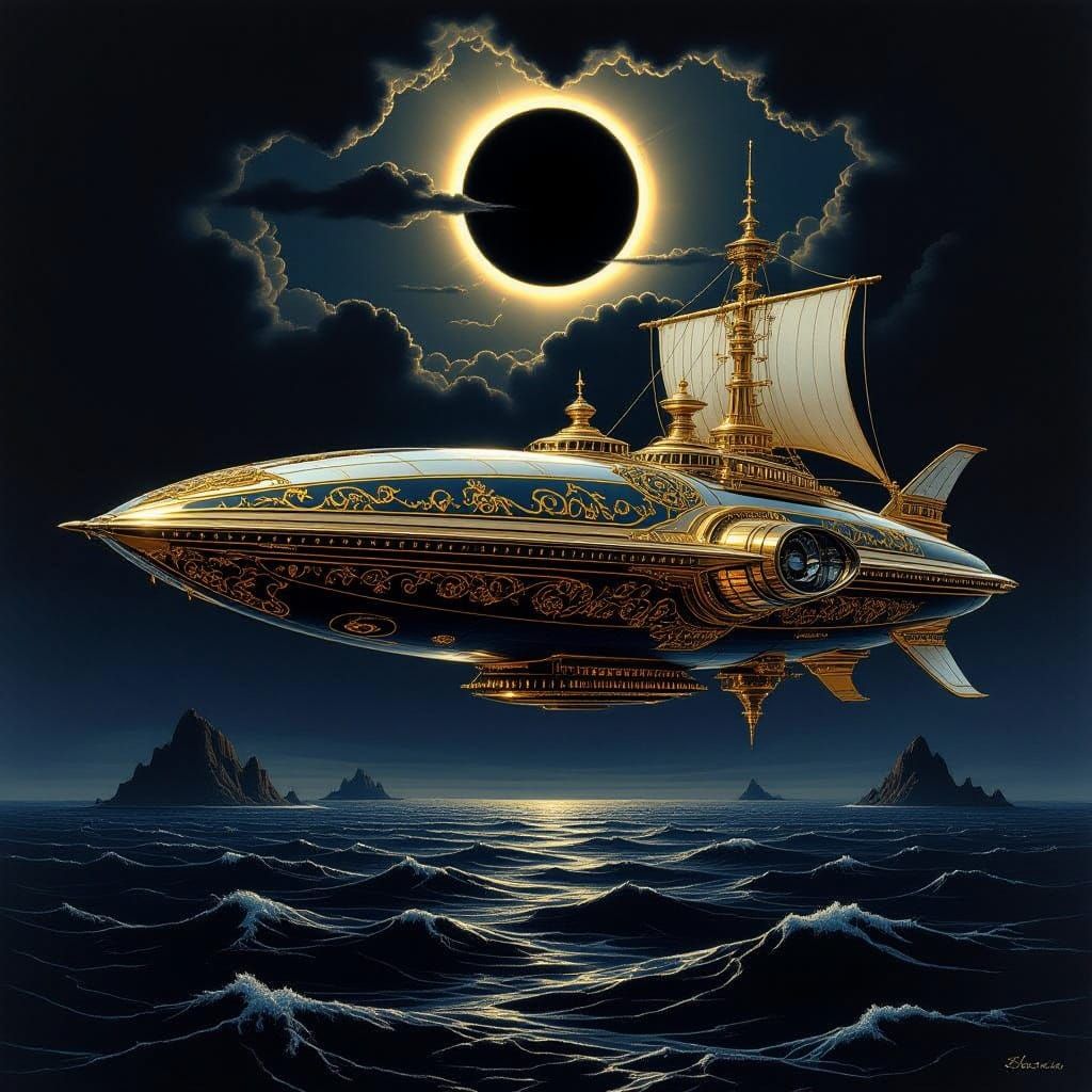 Galactic Odyssey Over Baroque Oceanic Landscape