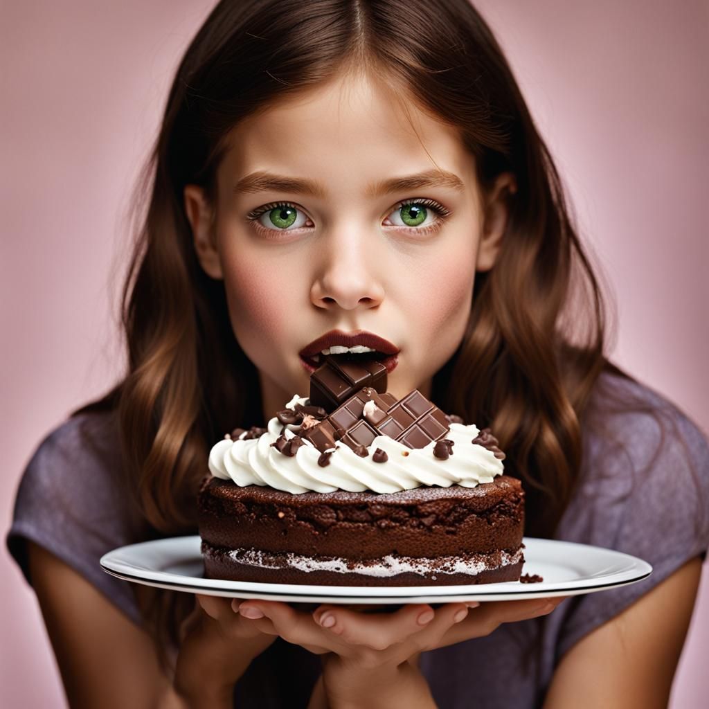 Girl Eating Chocolate Cake Portrait