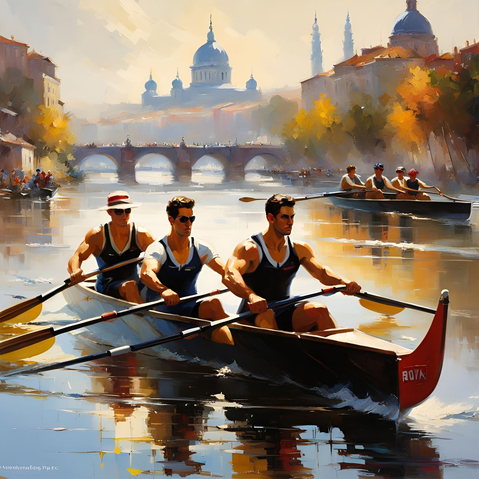 Rowing Teamwork on the River: Detailed Cityscape View
