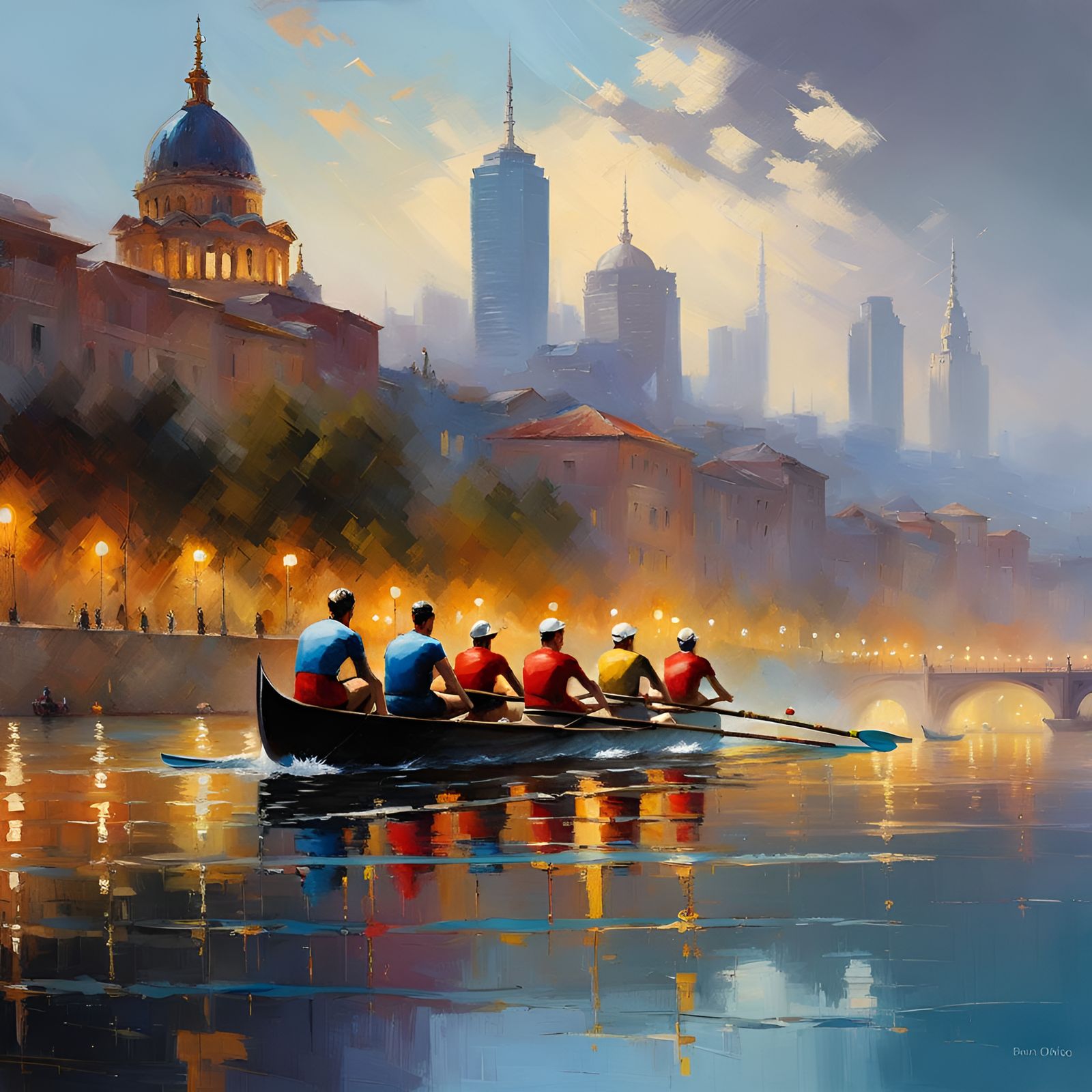 Rowing Teamwork on the River: Digital Art