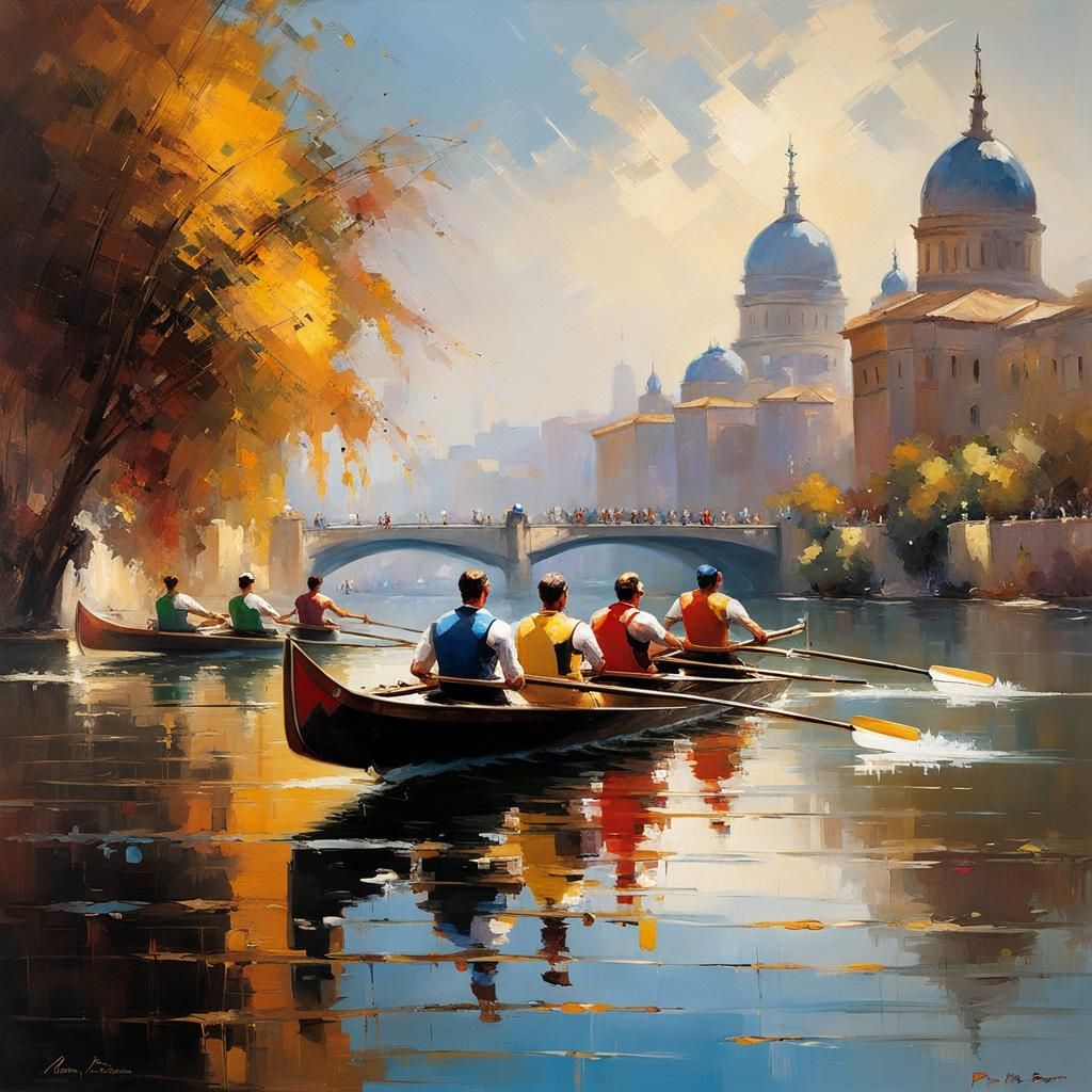 Rowing Teamwork on the River: Digital Art Composition