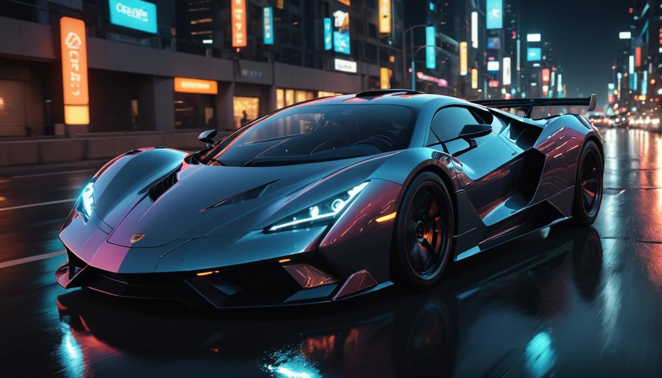 Neon Supercar Speeding Through Futuristic Cityscape
