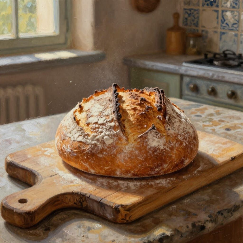 Artisan Sourdough Loaf in Rustic Kitchen Oil Painting
