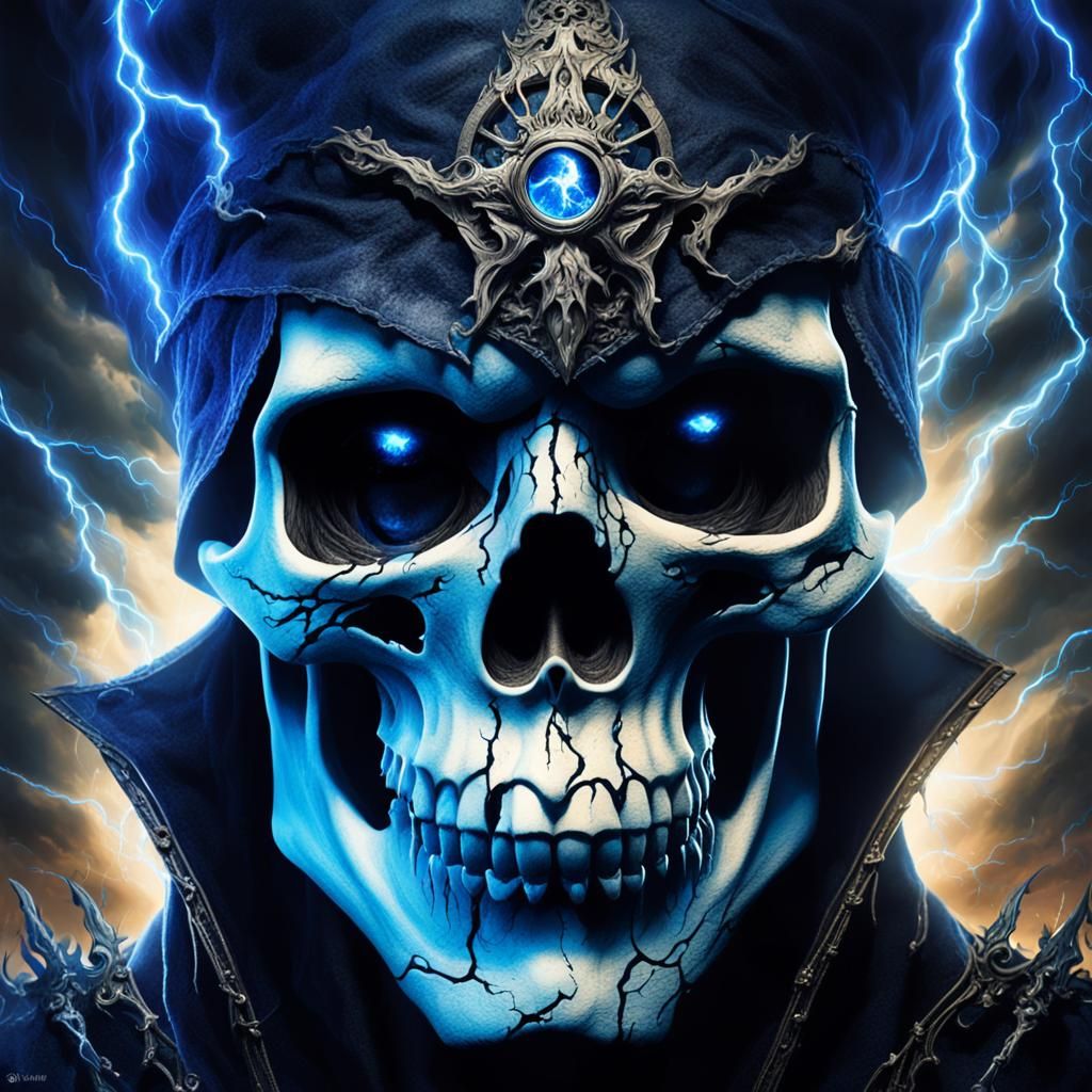 Skull Sorcerer Engulfed in Electric Blue Lightning