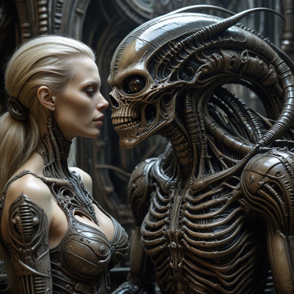 Biomechanical Alien Meets Blonde Russian Woman in Dark, Surr...