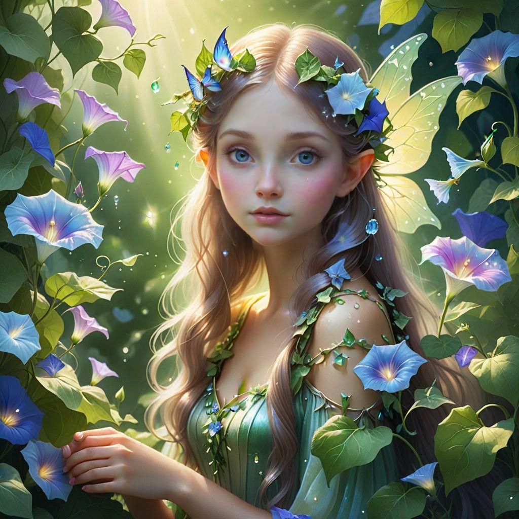 Whimsical Morning Glory Fairy in Ethereal Landscape