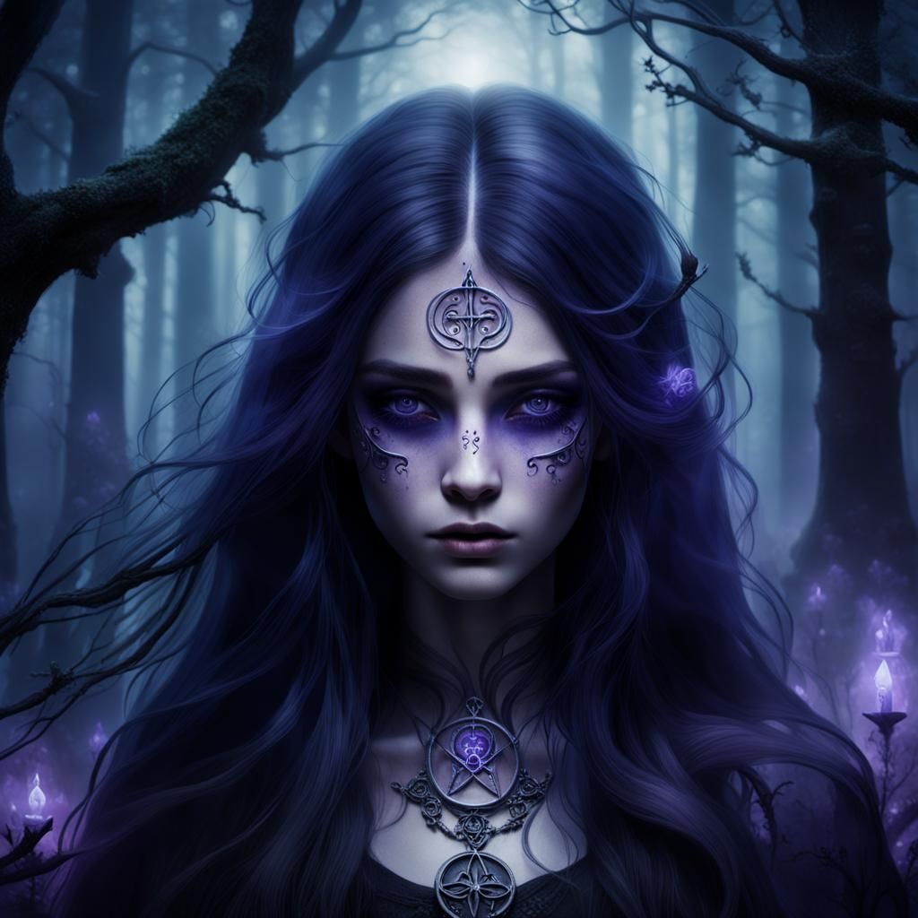 Mystical Goth Woman in Dim Forest: Dark Fantasy Art