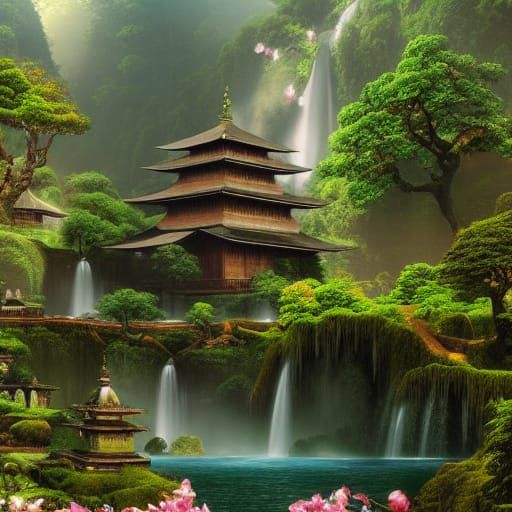 Lush Temple Gardens: A Maximalist Digital Painting