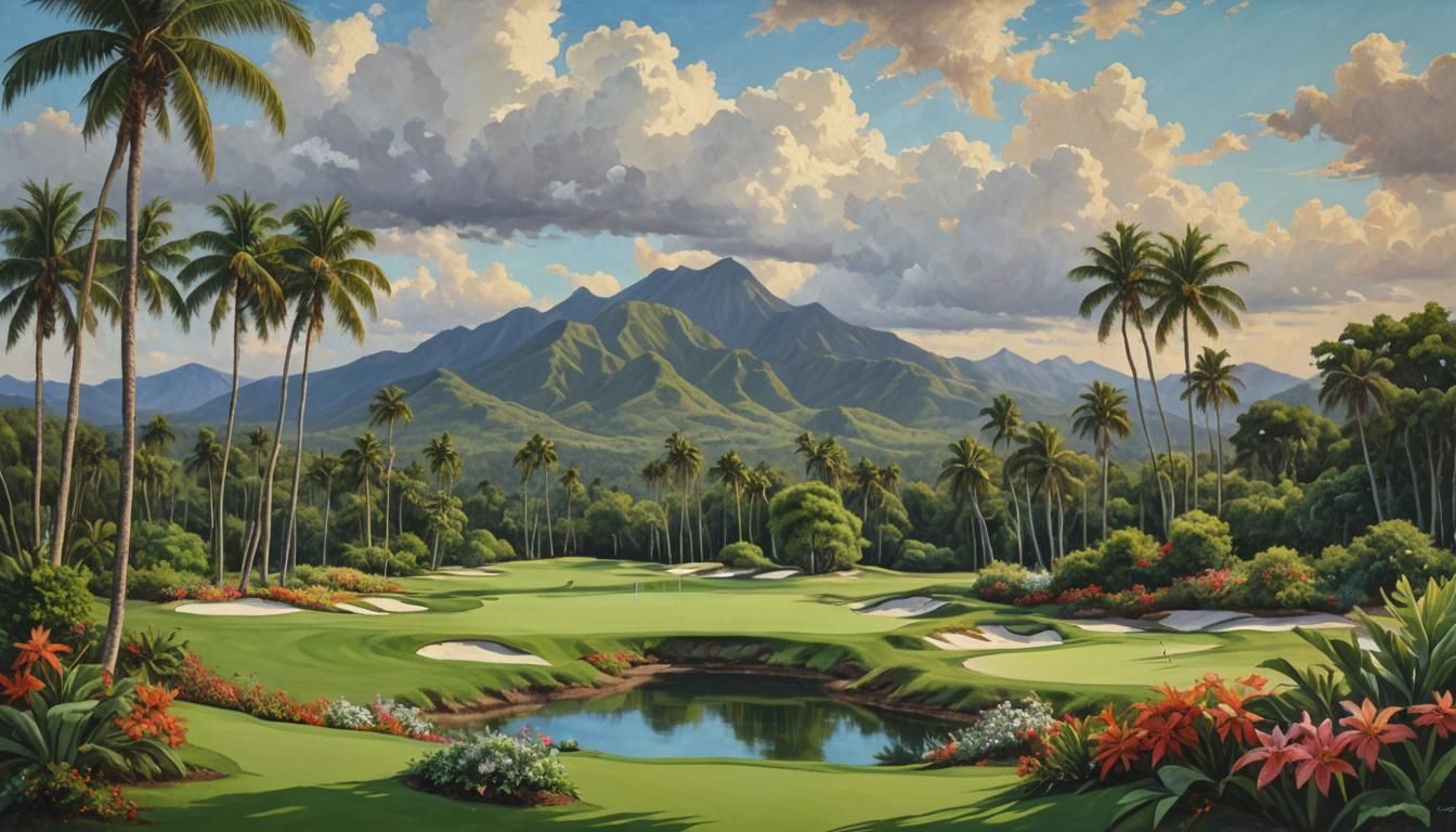 Tropical Golf Course Acrylic Painting