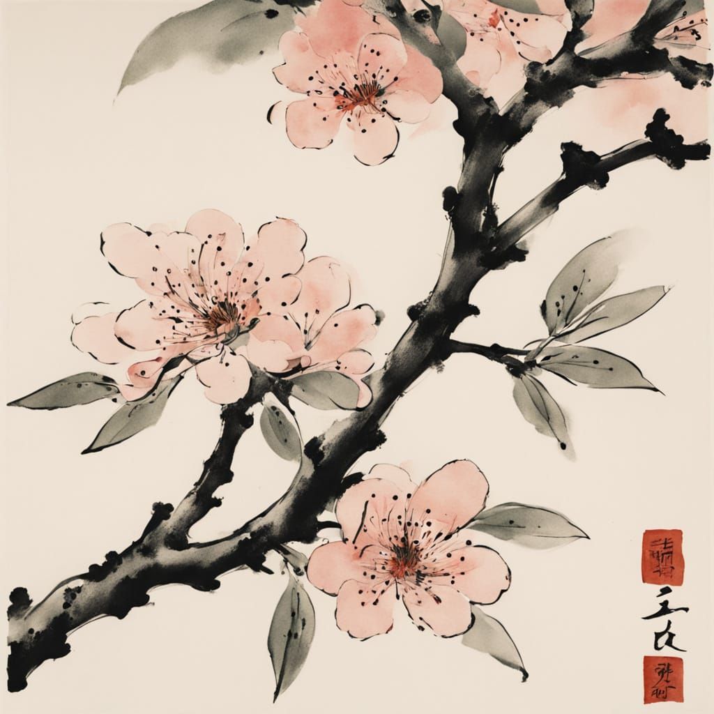 Traditional Japanese Cherry Blossom Branch in Soft Focus