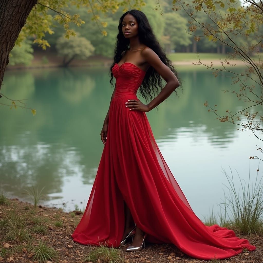 African American Woman in Red Gown by Lake