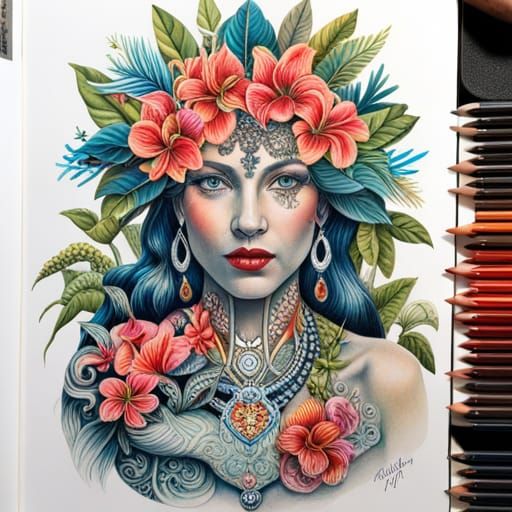 Tropical Shaman Portrait in Watercolor Pencil Style
