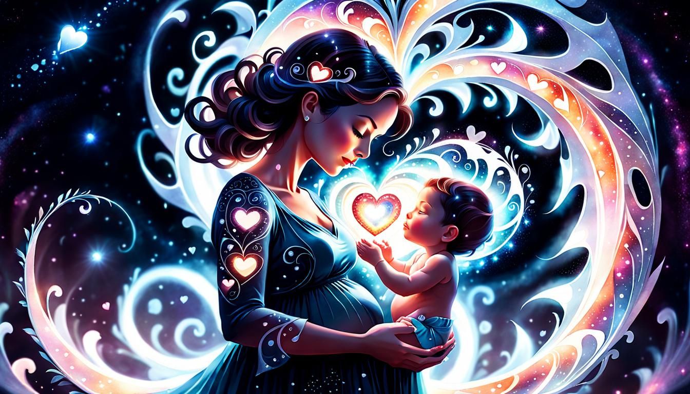 Ethereal Mother and Child with Glowing Heart