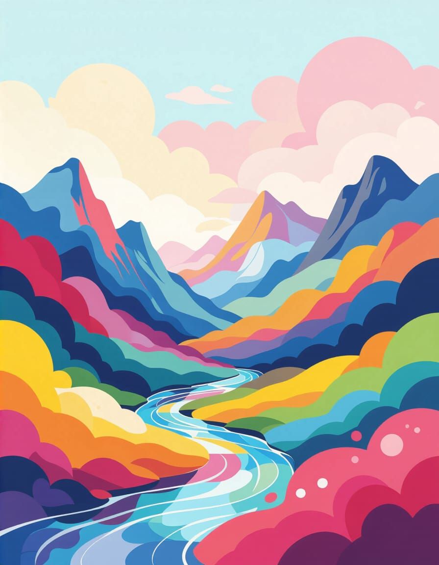 Vibrant Abstract Landscape of Paint Stroke Mountains