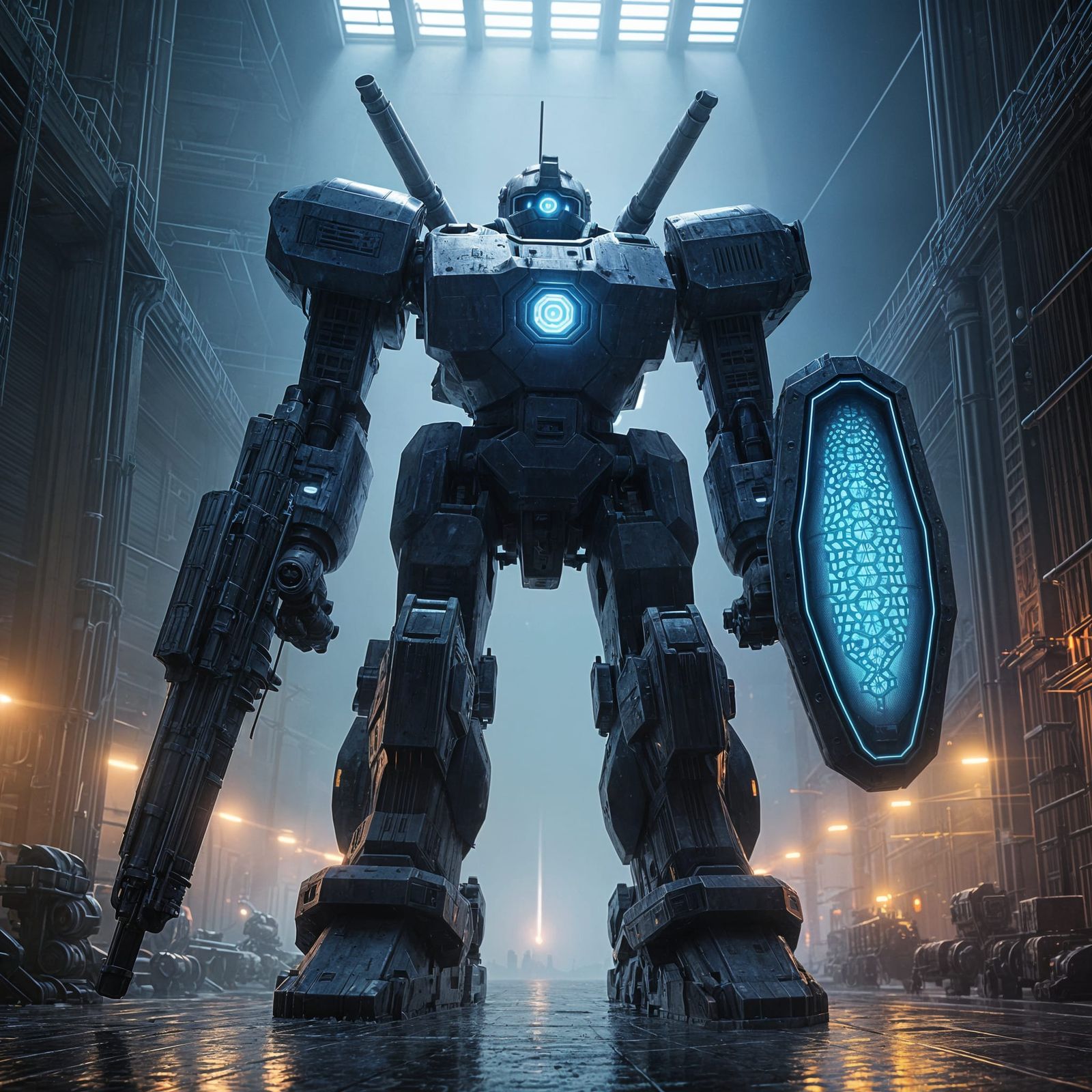 Colossal Mech Titan in Rainy Hangar, Digital Matte Painting
